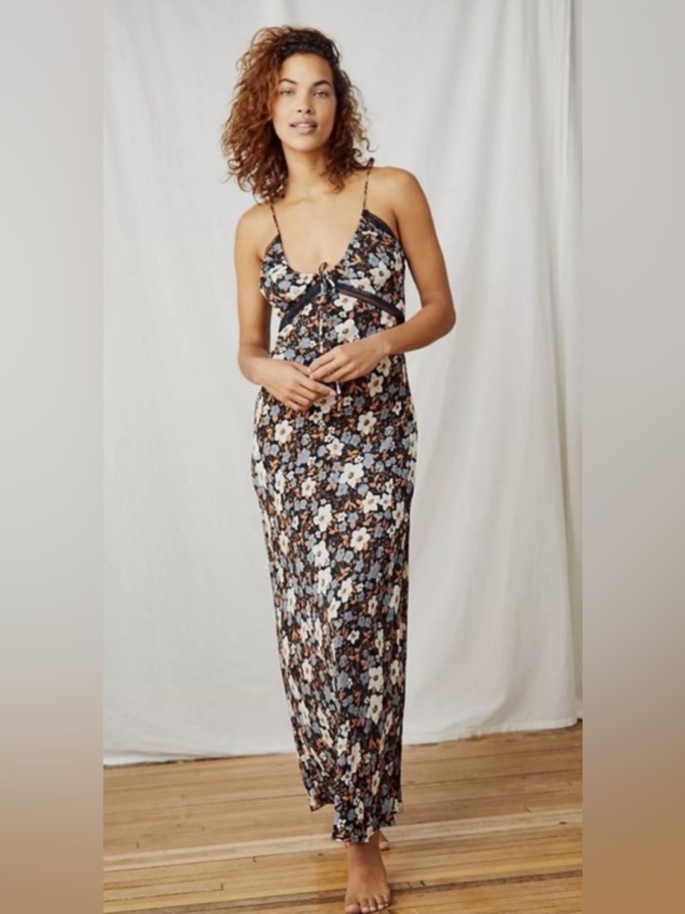 Free People Floral Maxi Dress in Black, Blue & Brown